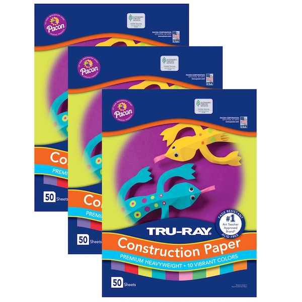 Construction Paper, 10 Vibrant Colors, 12x18, 50 Sheets, PK3